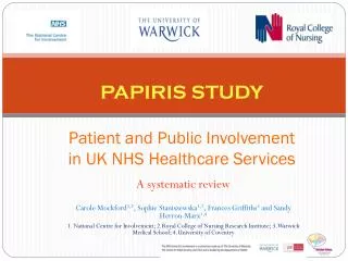 PAPIRIS STUDY Patient and Public Involvement in UK NHS Healthcare Services