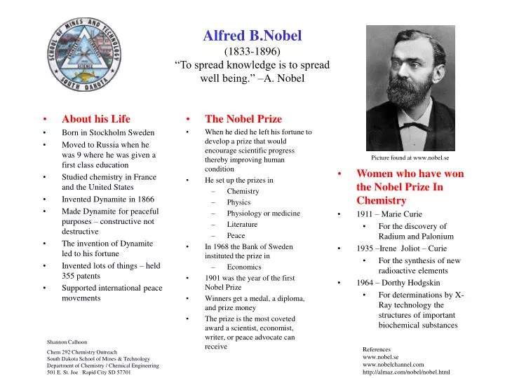 alfred b nobel 1833 1896 to spread knowledge is to spread well being a nobel