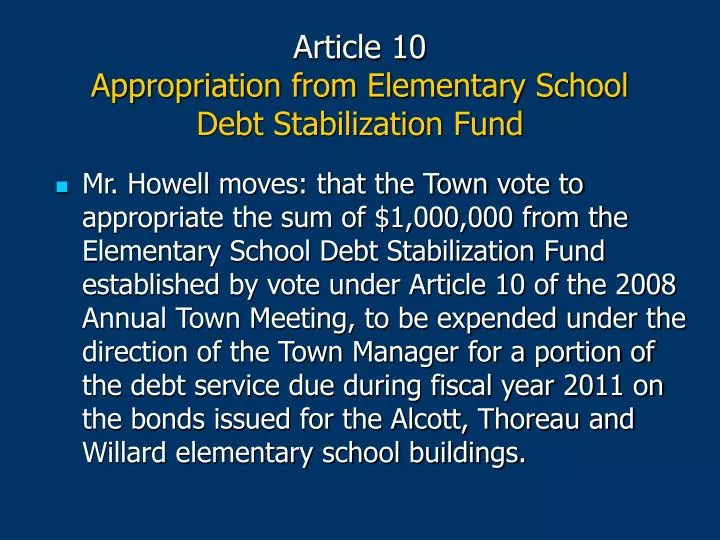 article 10 appropriation from elementary school debt stabilization fund