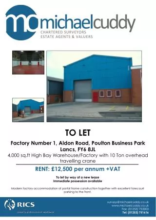 TO LET Factory Number 1, Aldon Road, Poulton Business Park Lancs, FY6 8JL