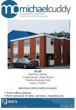 TO LET First Floor offices, Carter House, Aldon Road Poulton Business Park Lancs, FY6 8JL