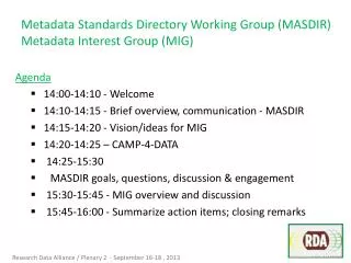 Metadata Standards Directory Working Group (MASDIR) Metadata Interest Group (MIG)
