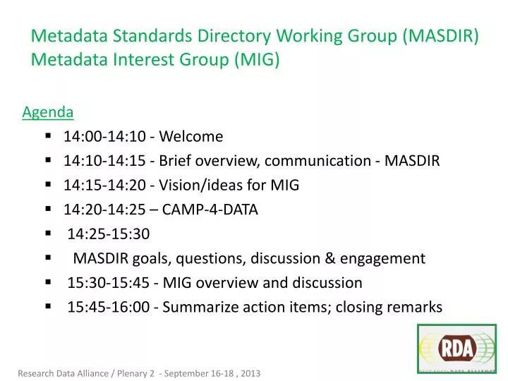 metadata standards directory working group masdir metadata interest group mig