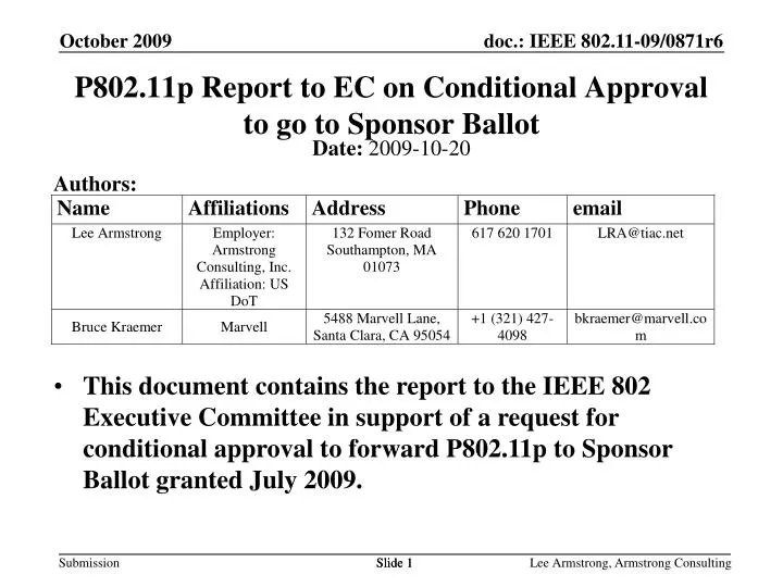 p802 11p report to ec on conditional approval to go to sponsor ballot