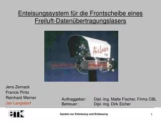 enteisungssystem f r die frontscheibe eines freiluft daten bertragungslasers