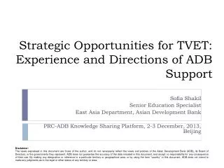 Strategic Opportunities for TVET: Experience and Directions of ADB Support