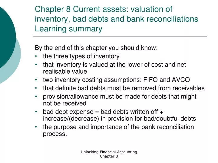 chapter 8 current assets valuation of inventory bad debts and bank reconciliations learning summary