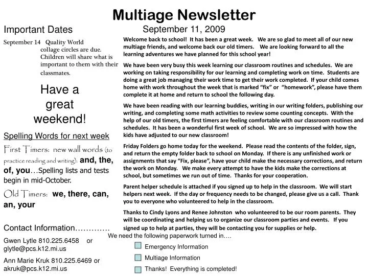 multiage newsletter september 11 2009
