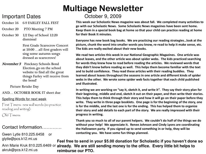 multiage newsletter october 9 2009