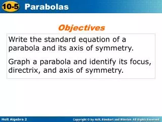 Write the standard equation of a parabola and its axis of symmetry.
