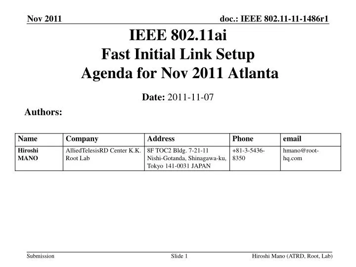 ieee 802 11ai fast initial link setup agenda for nov 2011 atlanta