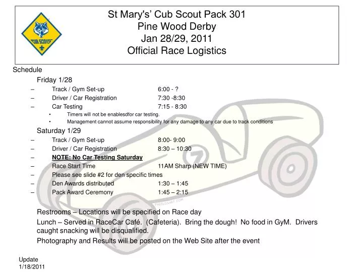 st mary s cub scout pack 301 pine wood derby jan 28 29 2011 official race logistics