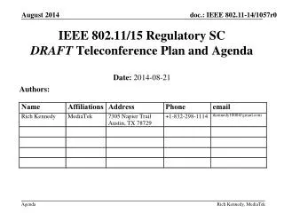 IEEE 802.11/15 Regulatory SC DRAFT Teleconference Plan and Agenda
