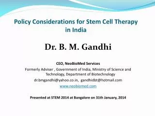 Policy Considerations for Stem Cell Therapy in India