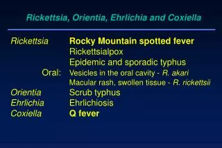 Rickettsia		 Rocky Mountain spotted fever 			Rickettsialpox 			Epidemic and sporadic typhus