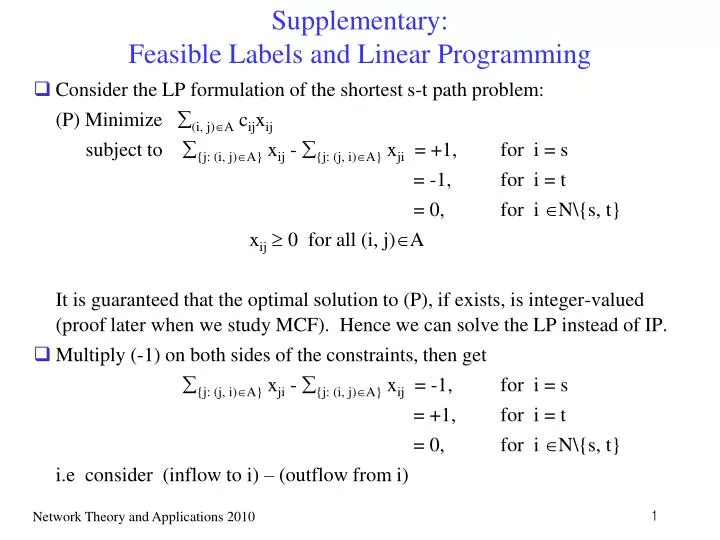 supplementary feasible labels and linear programming