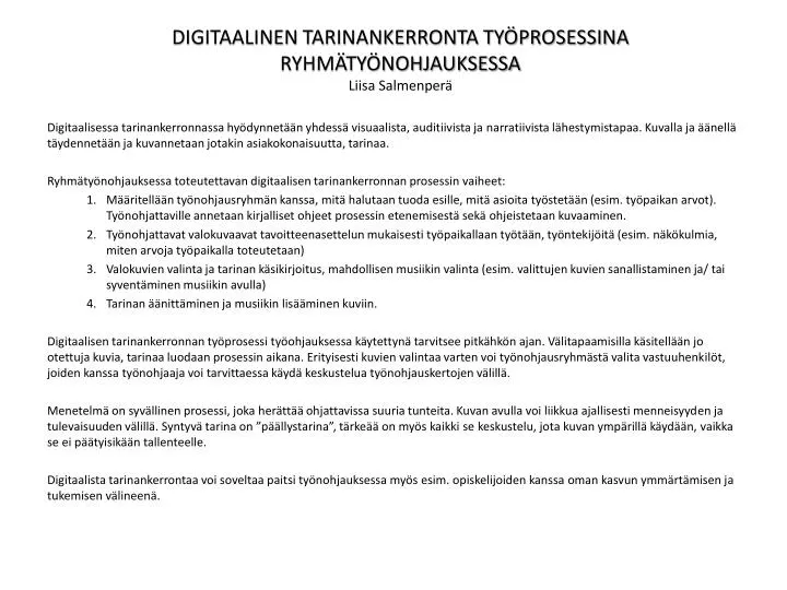 digitaalinen tarinankerronta ty prosessina ryhm ty nohjauksessa liisa salmenper