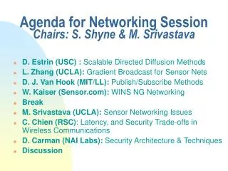 Agenda for Networking Session Chairs: S. Shyne &amp; M. Srivastava