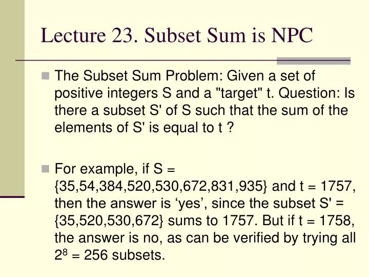 lecture 23 subset sum is npc