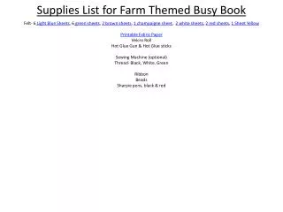 Supplies List for Farm Themed Busy Book