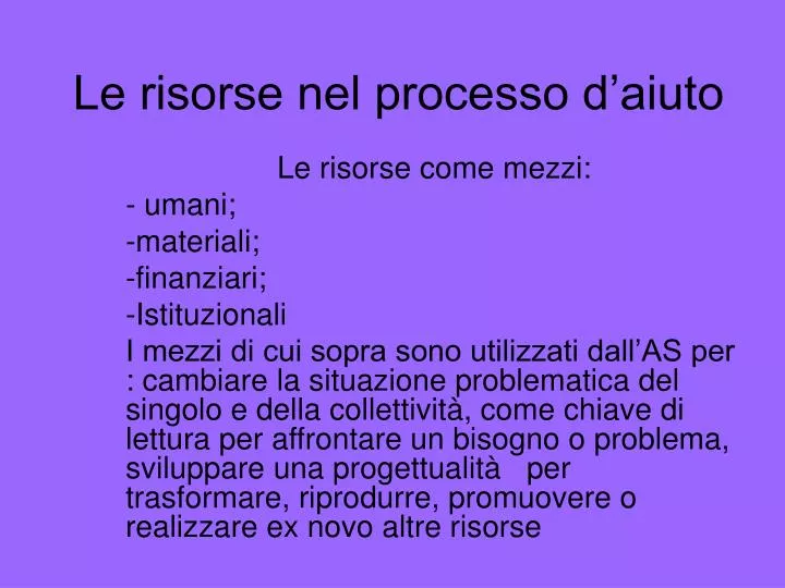 le risorse nel processo d aiuto