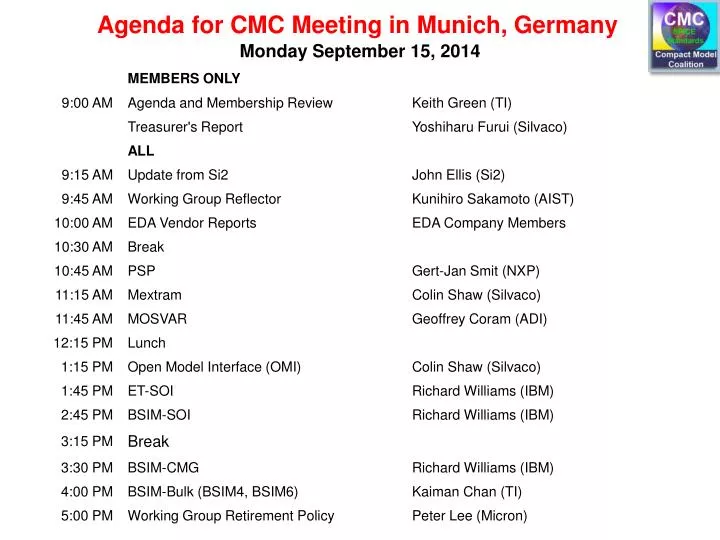 agenda for cmc meeting in munich germany