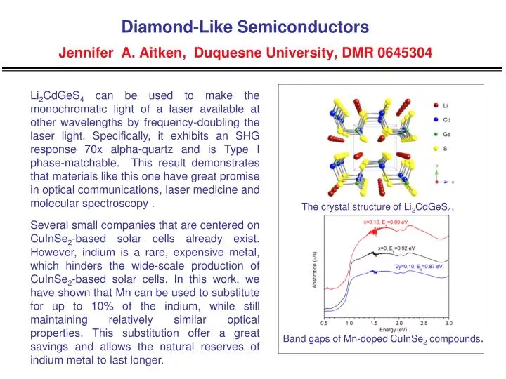 diamond like semiconductors jennifer a aitken duquesne university dmr 0645304