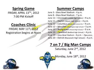 Spring Game FRIDAY, APRIL 13 TH , 2012 7:00 PM Kickoff Coaches Clinic FRIDAY, MAY 11 th , 2012