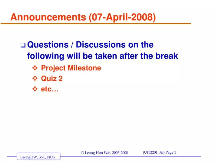 announcements 07 april 2008