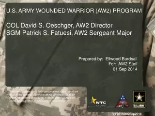 U.S. ARMY WOUNDED WARRIOR (AW2) PROGRAM COL David S. Oeschger , AW2 Director