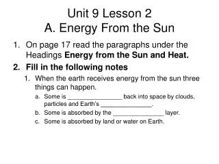 Unit 9 Lesson 2 A. Energy From the Sun