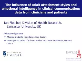 Ian Fletcher, Division of Health Research, Lancaster University, UK Acknowledgements