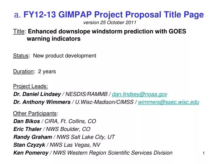 a fy12 13 gimpap project proposal title page version 25 october 2011