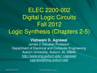 ELEC 2200-002 Digital Logic Circuits Fall 2012 Logic Synthesis (Chapters 2-5)