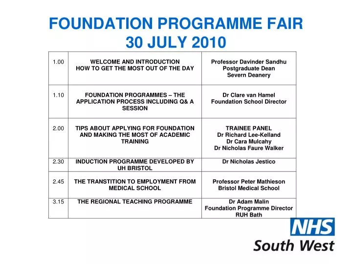 foundation programme fair 30 july 2010