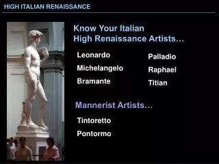 Leonardo Michelangelo Bramante Tintoretto Pontormo