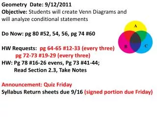 Geometry Date: 9/12/2011 Objective: Students will create Venn Diagrams and