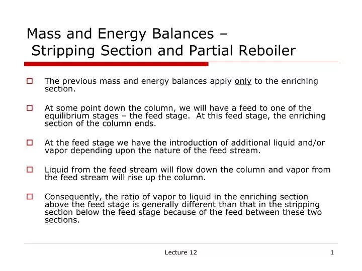 mass and energy balances stripping section and partial reboiler