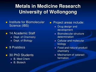 Metals in Medicine Research University of Wollongong