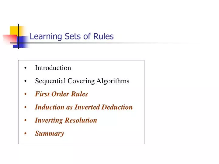 Machine Learning Chapter 10. Learning Sets of Rules Tom M