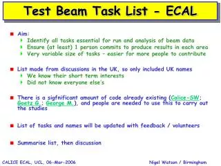 Test Beam Task List - ECAL