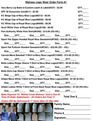 Wahoos Logo Wear Order Form #1