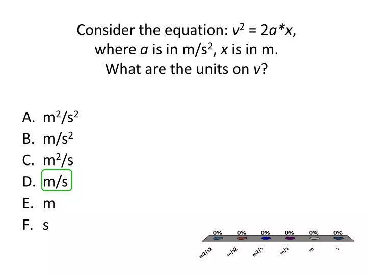 consider the equation v 2 2 a x where a is in m s 2 x is in m what are the units on v