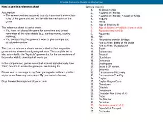 How to use this reference sheet Assumption: