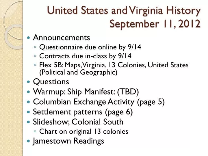 united states and virginia history september 11 2012