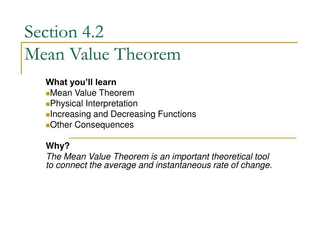PPT - Section 4.2 Mean Value Theorem PowerPoint Presentation, free ...