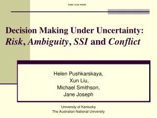 Decision Making Under Uncertainty: Risk , Ambiguity , SSI and Conflict