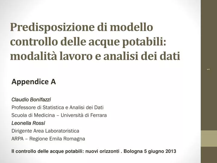 predisposizione di modello controllo delle acque potabili modalit lavoro e analisi dei dati