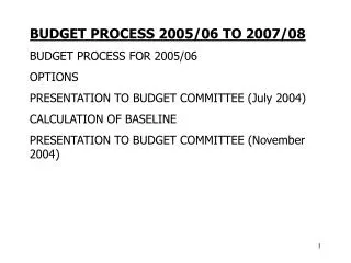 BUDGET PROCESS 2005/06 TO 2007/08 BUDGET PROCESS FOR 2005/06 OPTIONS