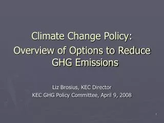 Climate Change Policy: Overview of Options to Reduce GHG Emissions Liz Brosius, KEC Director